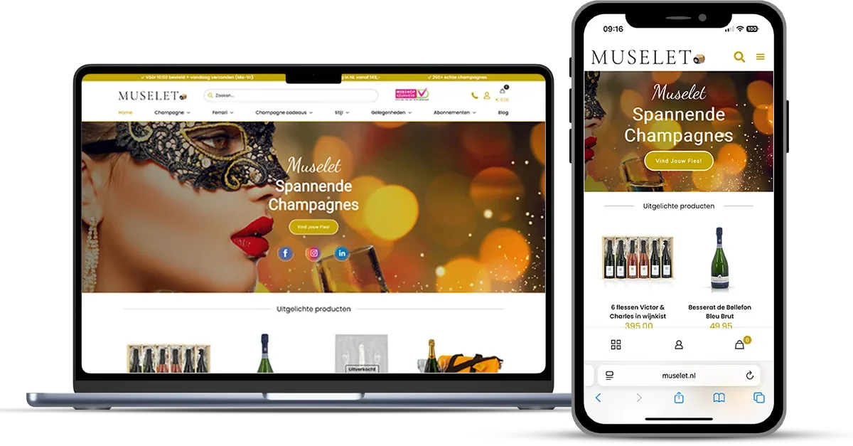Website van Muselet op laptop en telefoon