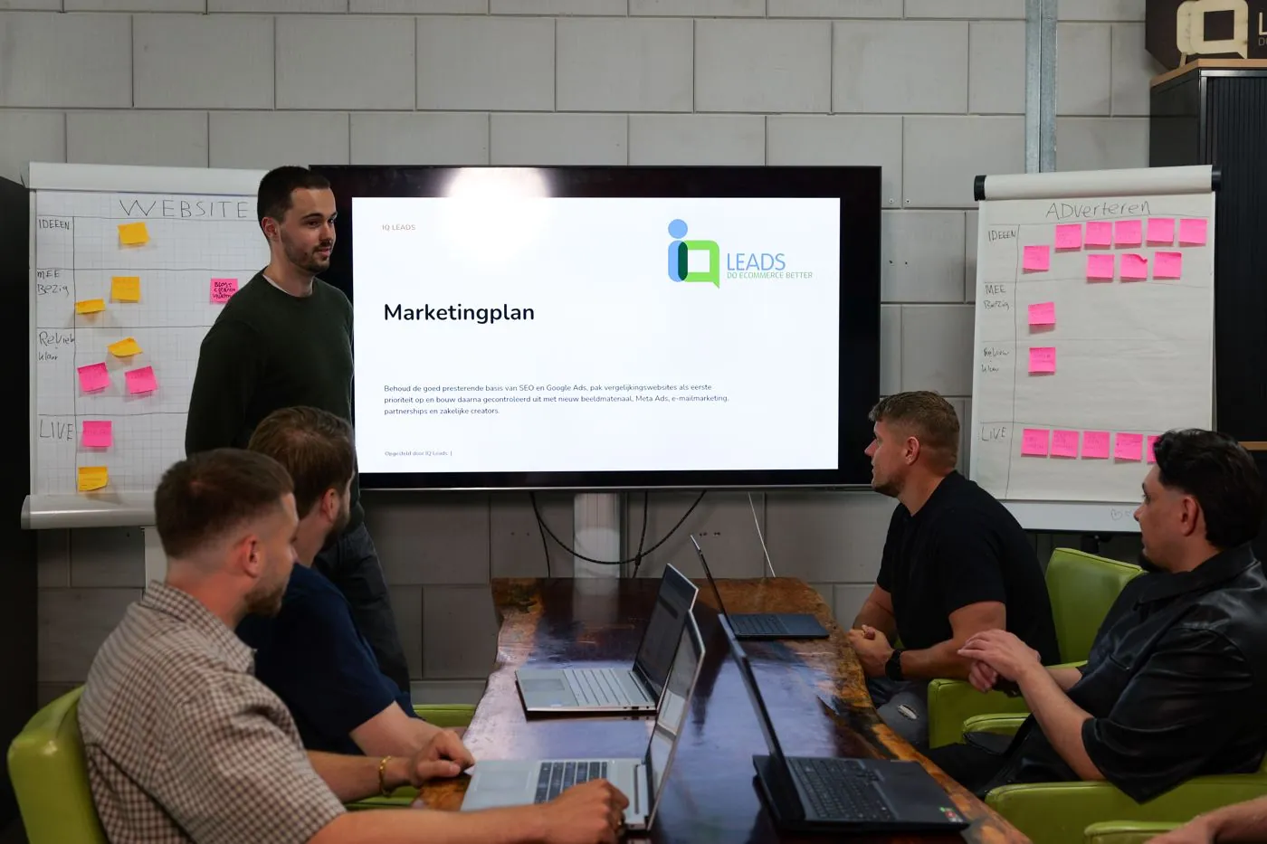 Het team van IQ Leads bespreekt een strategie in de vergaderruimte